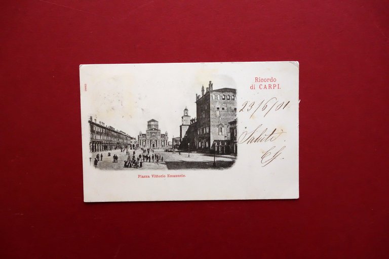 Cartolina Ricordo di Carpi Piazza Vittorio Emanuele ora Martiri Viaggiata 1901