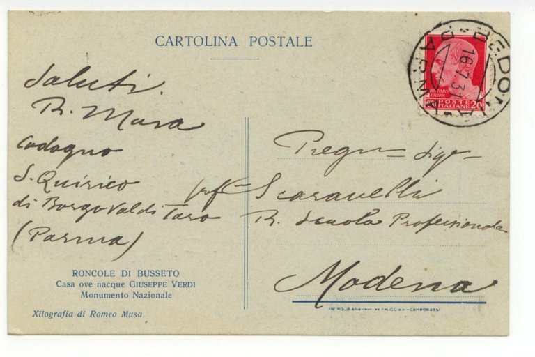 Cartolina Roncole di Busseto 1931 viaggiata Verdi