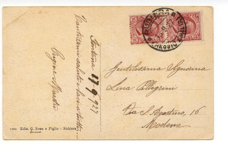 Cartolina Rubiera Teatro Herberia 1927 viaggiata Reggio Emilia