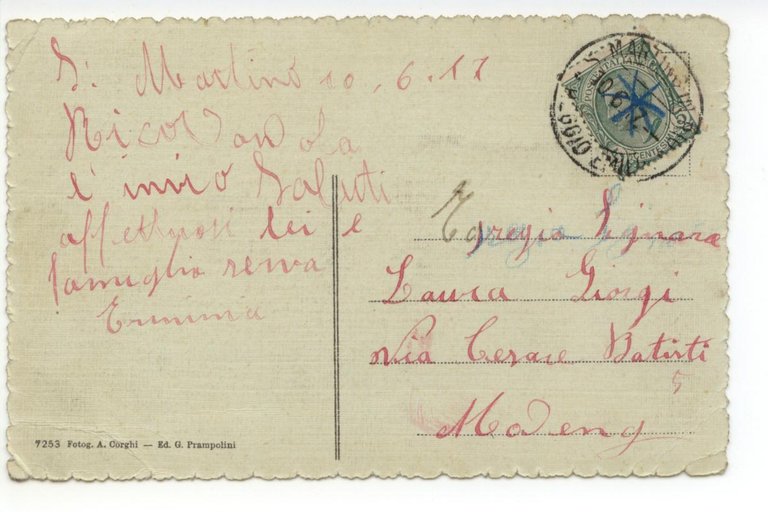 Cartolina S. Martino in Rio Piazzale 1917 viaggiata Reggio Emila