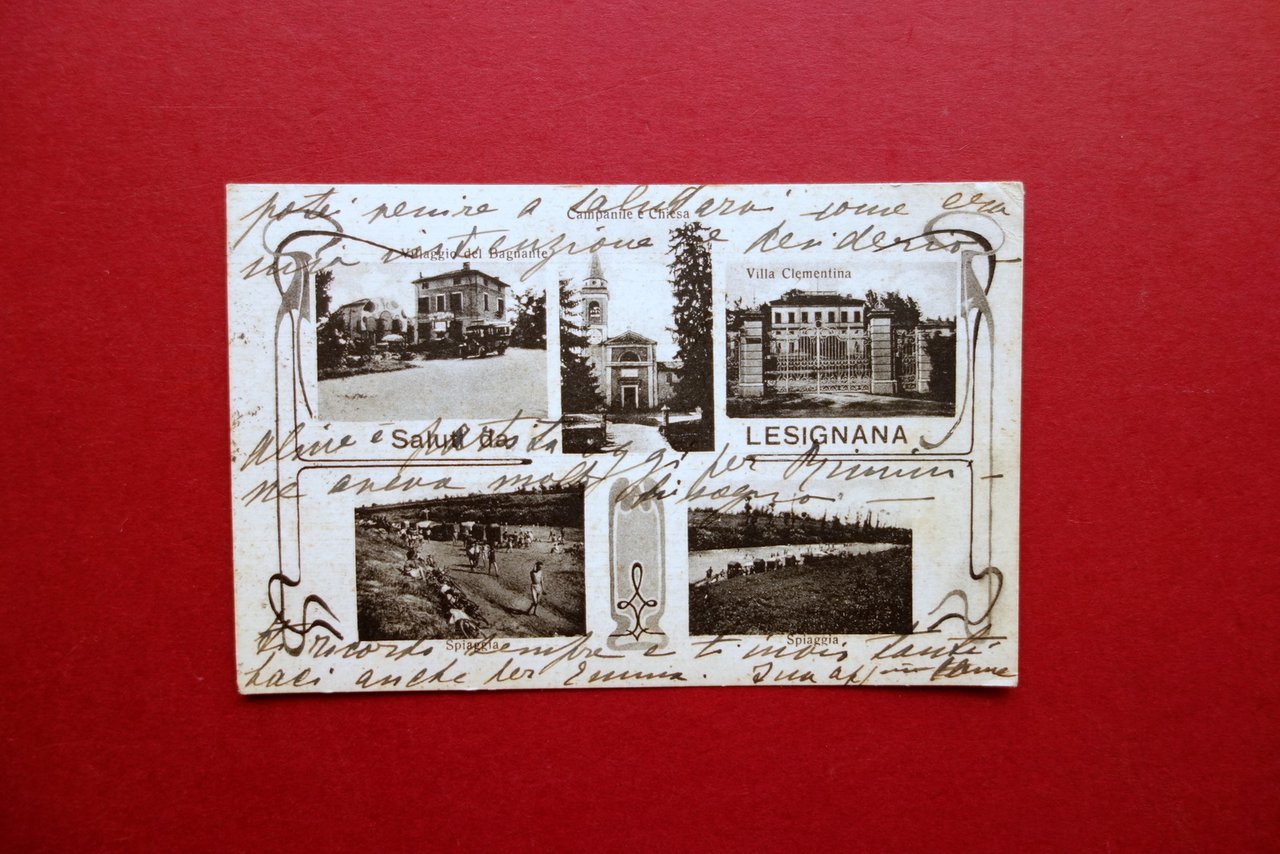 Cartolina Saluti da Lesignana Spiaggia Villa Clementina Chiesa Viaggiata 1934 | Immagine principale