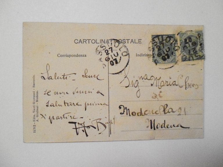 Cartolina Saluti da Sassuolo 1907 viaggiata Modena