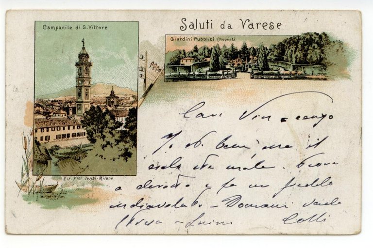 Cartolina Saluti da Varese Campanile di S. Vittore 1900 viaggiata gruss