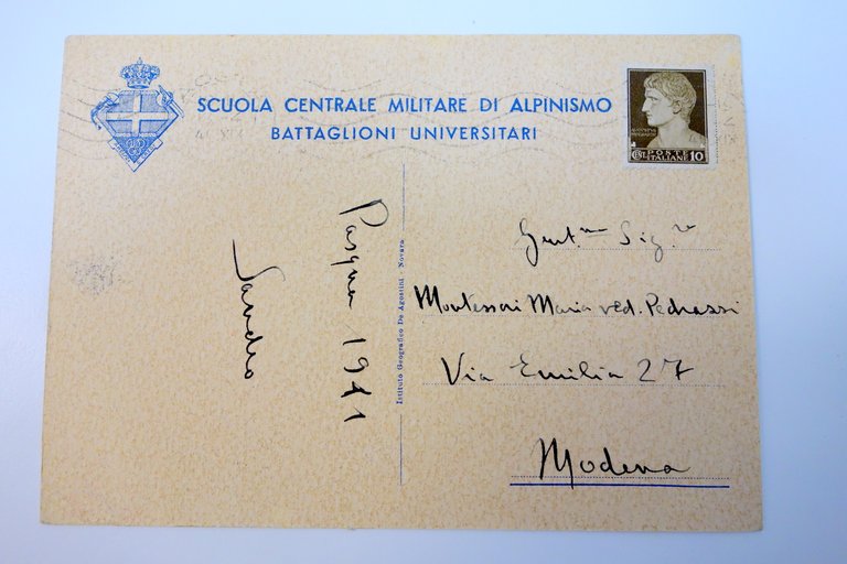 Cartolina Scuola Militare Alpinismo battaglioni universitari Aosta viaggiata1941