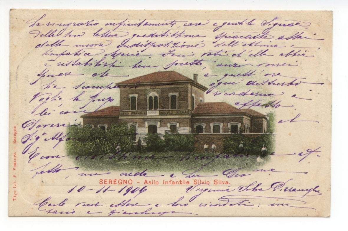 Cartolina Seregno Asilo Infantile Silvio Silva 1906 viaggiata Monza Brianza