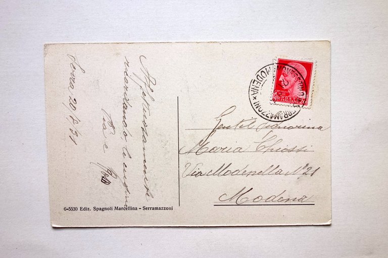 Cartolina Serramazzoni Albergo Posta e Piazza uova Animata Viaggiata 1931