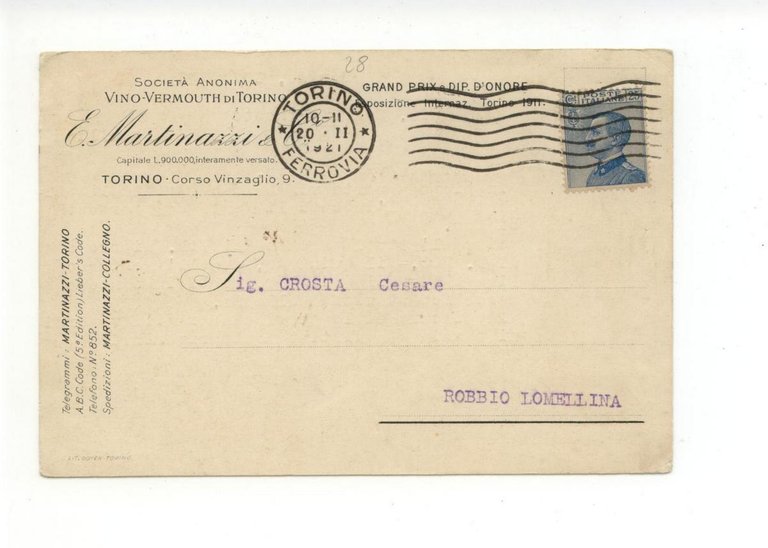 Cartolina Societ‡ Anonima Vino-Vermouth di Torino E. Martinazzi 1921 viaggiata