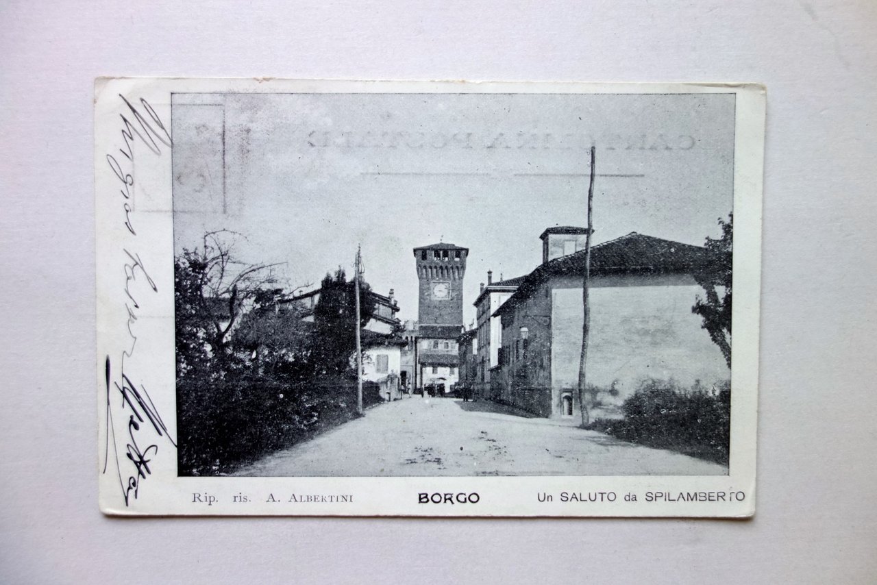 Cartolina Spilamberto Borgo Torre dell'Orologio A. Albertini Viaggiata 1905