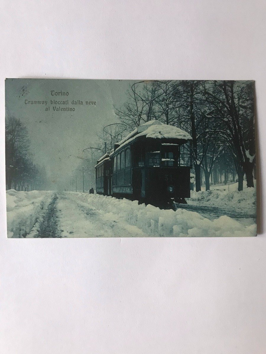 Cartolina Torino tramway Bloccati Dalla Neve al Valentino Viaggiata 1909