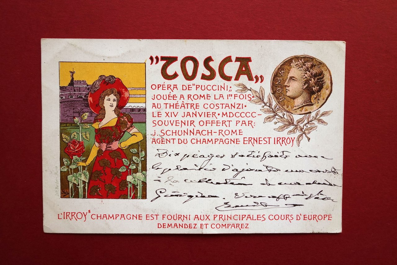 Cartolina Tosca 1∞ Rappresentazione Teatro Costanzi L'Irroy Champagne 1900 Stolz | Immagine principale