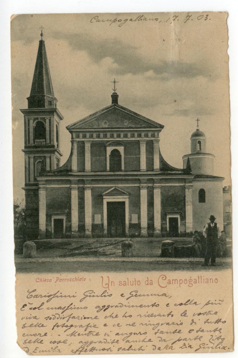 Cartolina Un Saluto da Campogalliano Chiesa Parrocchiale viaggiata 1903