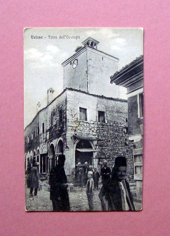 Cartolina Valona Torre dell'Orologio animata non viaggiata Albania