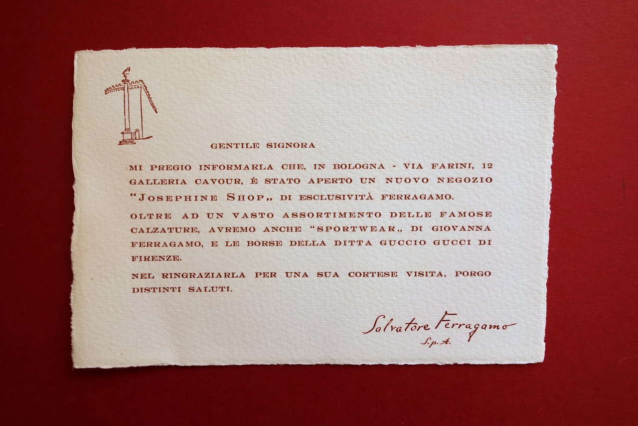 Cartoncino Apertura Negozio Ferragamo Josephine Shop Corso Cavour Bologna Gucci