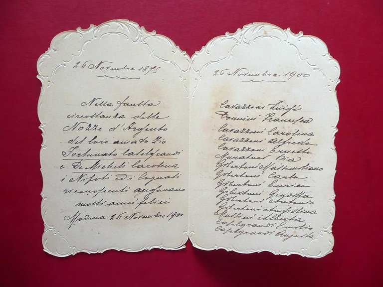 Cartoncino Nozze d'Argento Festeggiamento 1875-1900 Modena Firme Nipoti Cognati
