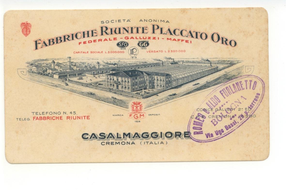 Cartoncino pubblicit‡ Societ‡ Anonima Fabbriche Riunite Placcato Oro Cremona