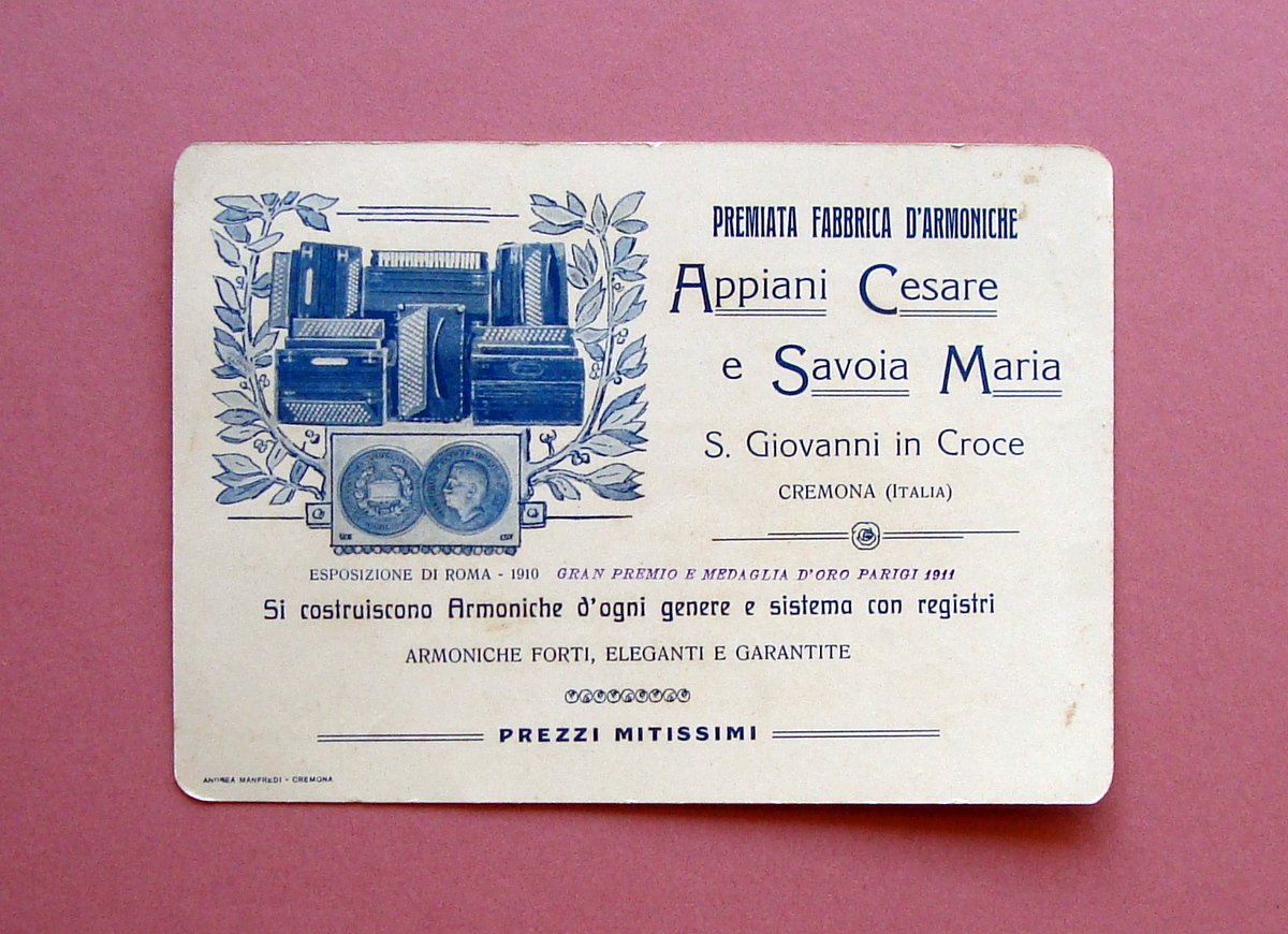 Cartoncino pubblicitario Appiani Fabbrica Armoniche S.Giovanni in Croce
