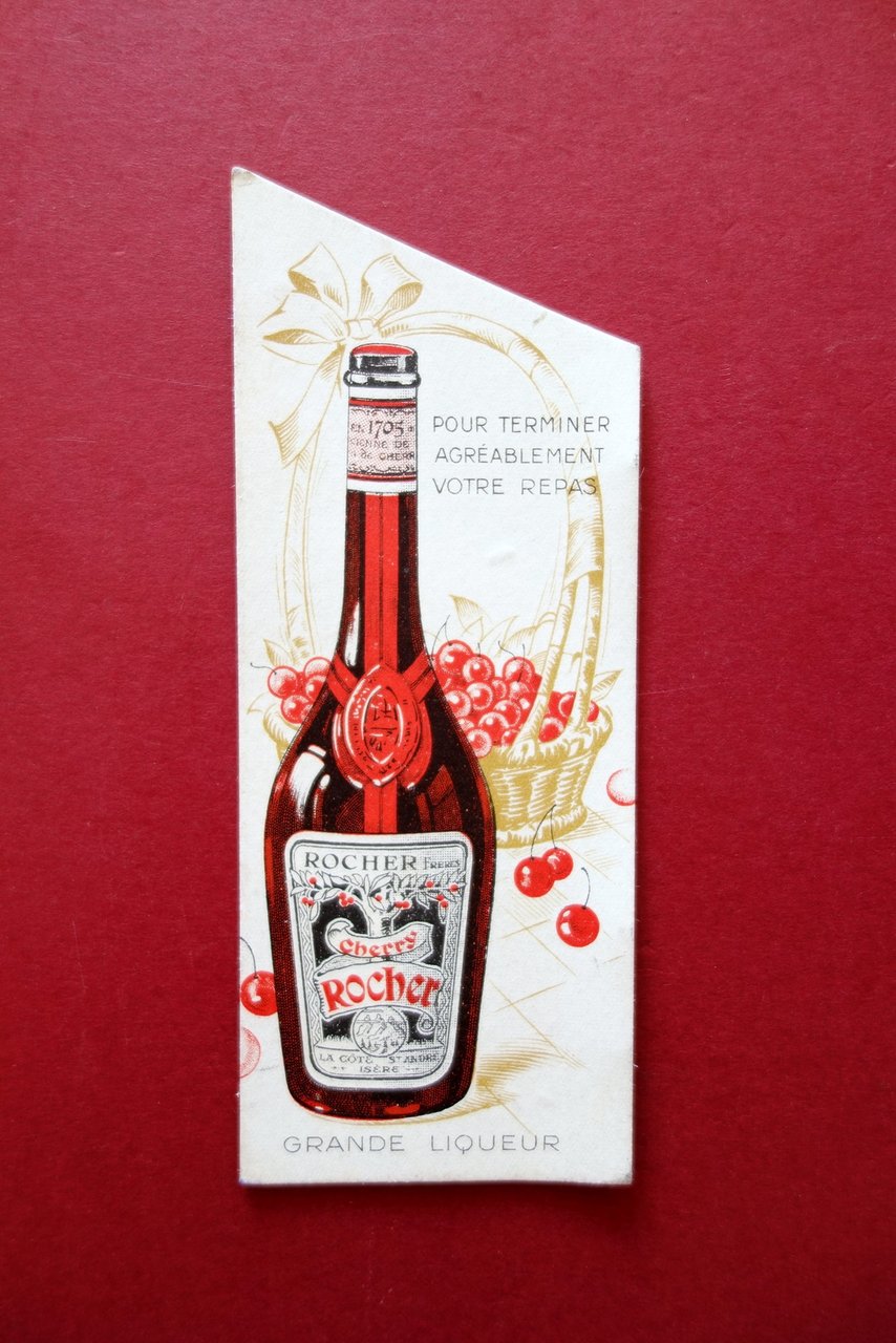 Cartoncino Pubblicitario Cherry Rocher Grande Liqueur Liquore Grafica Primo '900