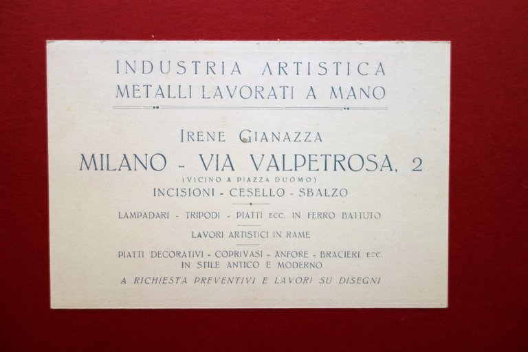 Cartoncino Pubblicitario Industria Artistica Irene Gianazza Milano Primo '900