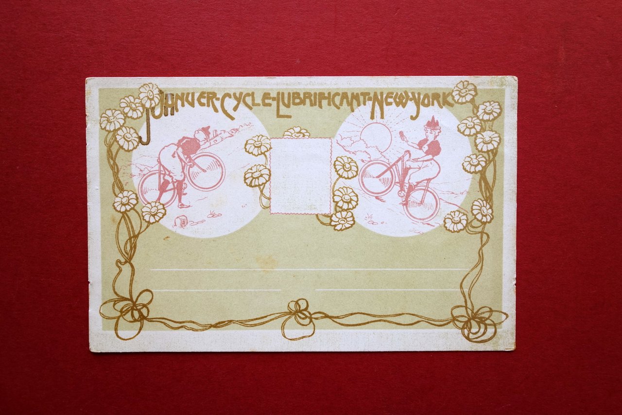 Cartoncino Pubblicitario Johnuer Cycle Lubrificant New York Biciclette Grafica
