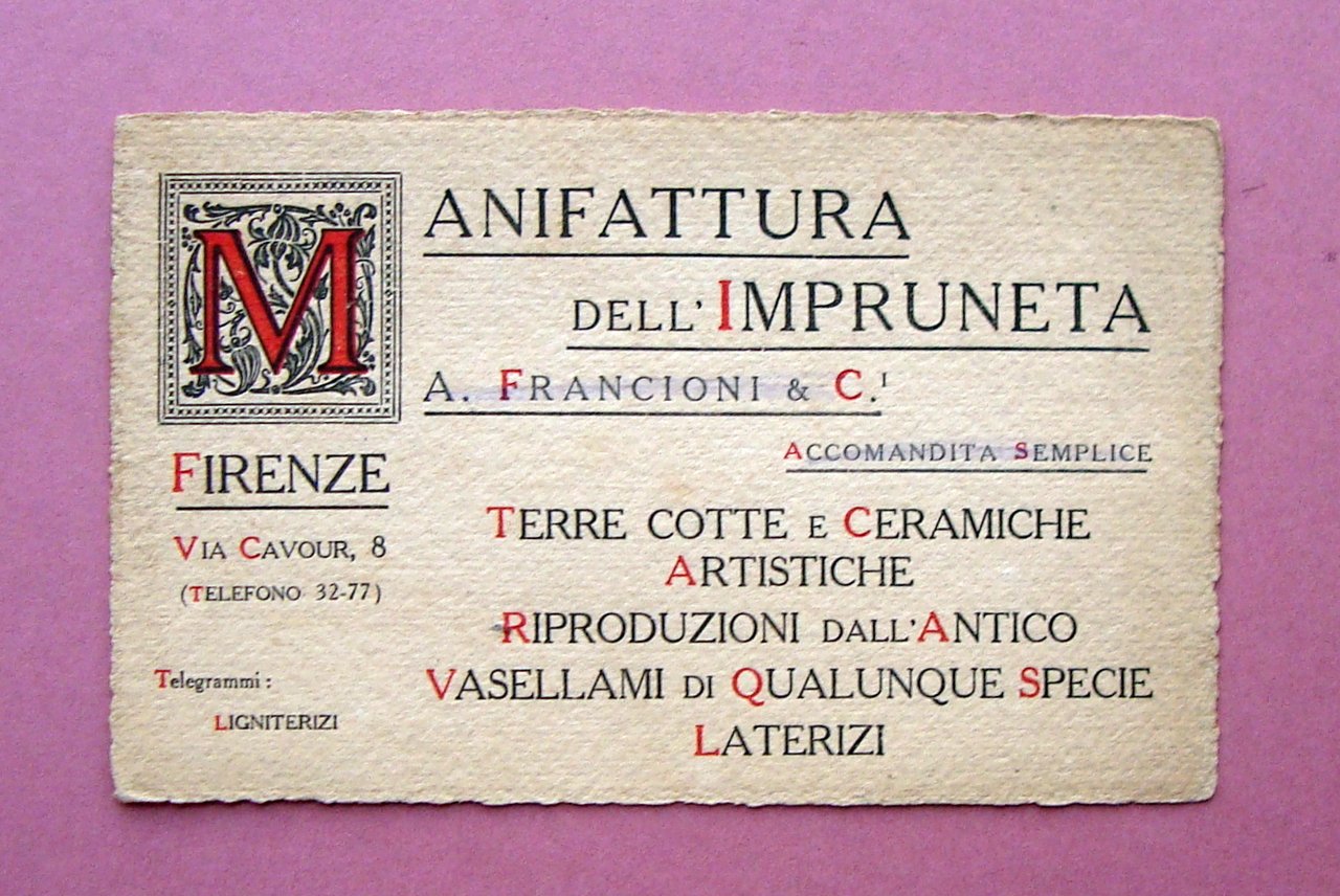 Cartoncino pubblicitario Manifattura dell'Impruneta A.Franciosi Firenze