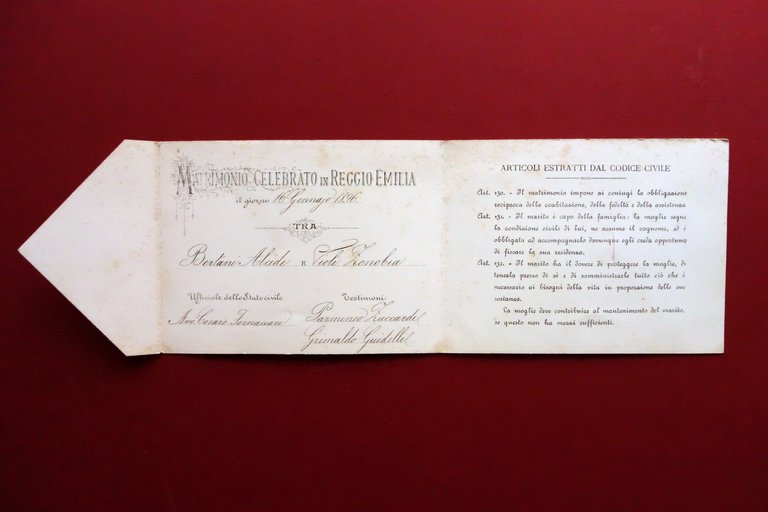 Cartoncino Ricordo Matrimonio Civile in Reggio Emilia Bertani Violi 1896