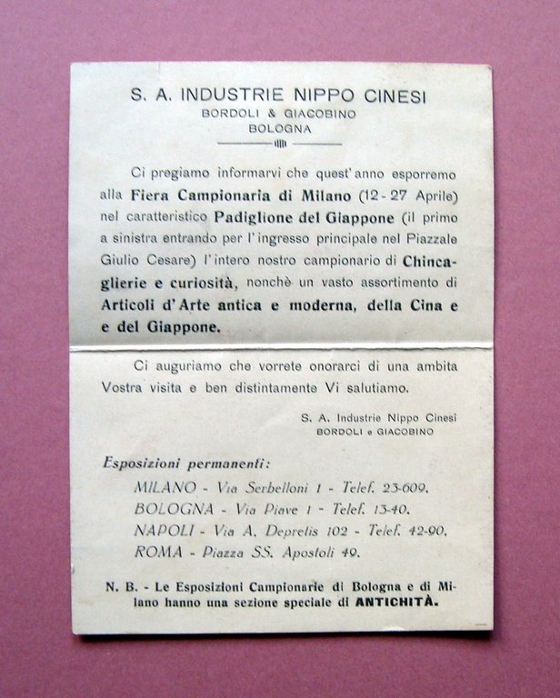 Cartoncino S.A. Industrie Nippo Cinesi Bordoli Bologna anni '20 chincaglierie