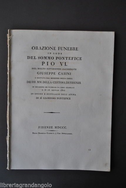 Casini Orazione Funebre Pontefice Pio VI Braschi Cesena Certosa Firenze …