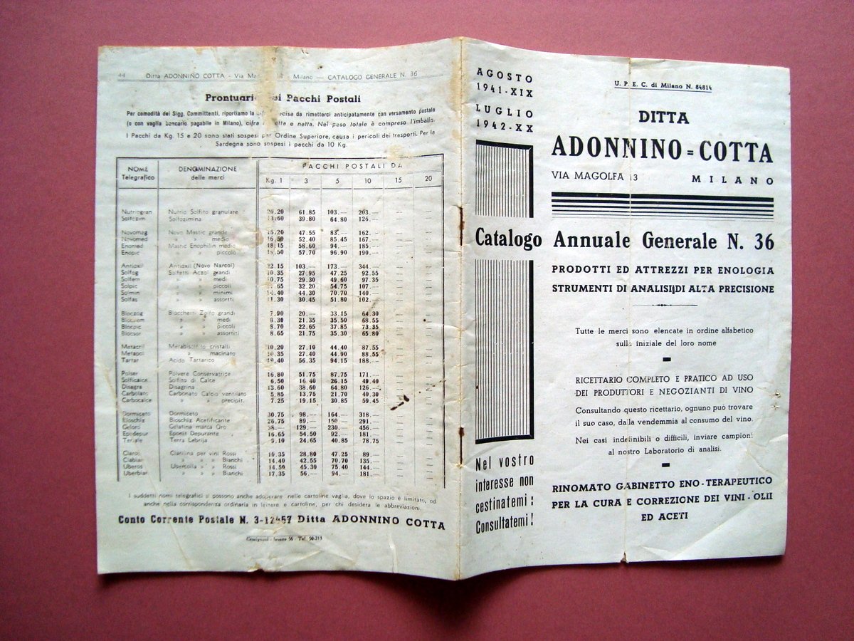Catalogo Annuale Generale Ditta Adonnino Cotta Enologia Analisi Aceti 1941