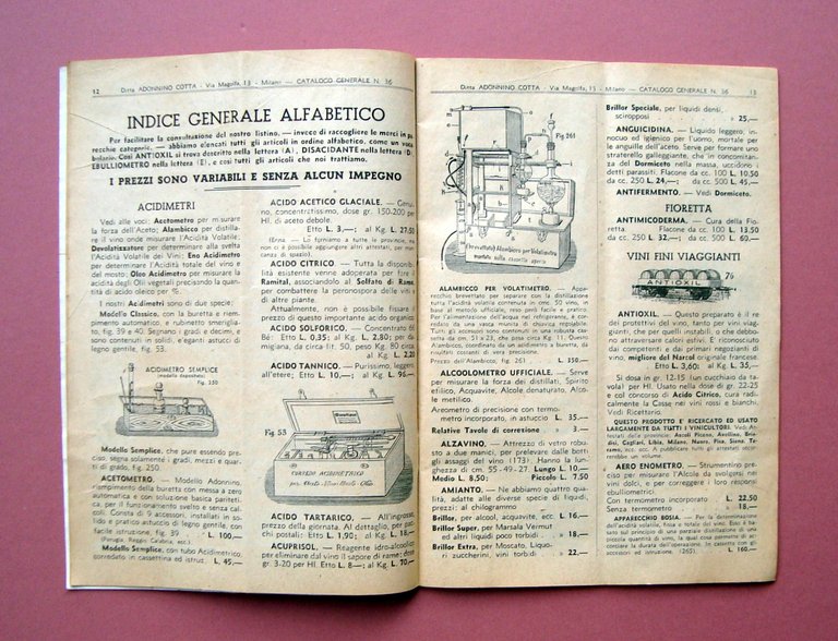 Catalogo Annuale Generale Ditta Adonnino Cotta Enologia Analisi Aceti 1941