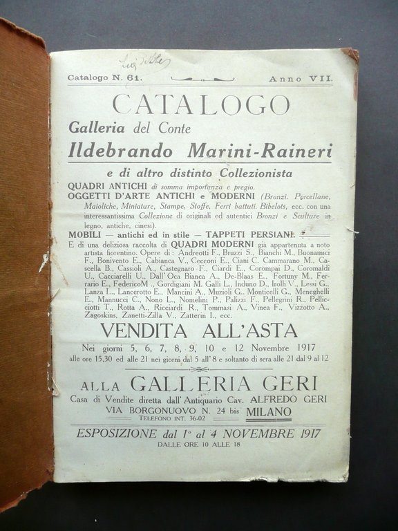 Catalogo Galleria Conte Marini Raineri Roma Vendita Milano Geri 1917 … | Immagine Gallery 3