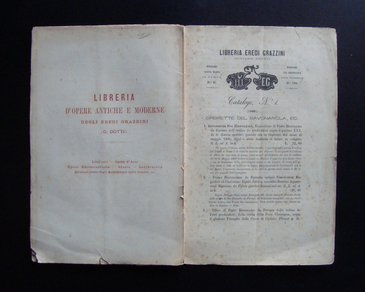 CATALOGO LIBRARIO N.1 1868 EREDI GRAZZINI FIRENZE SAVONAROLA LIBRI RARI …