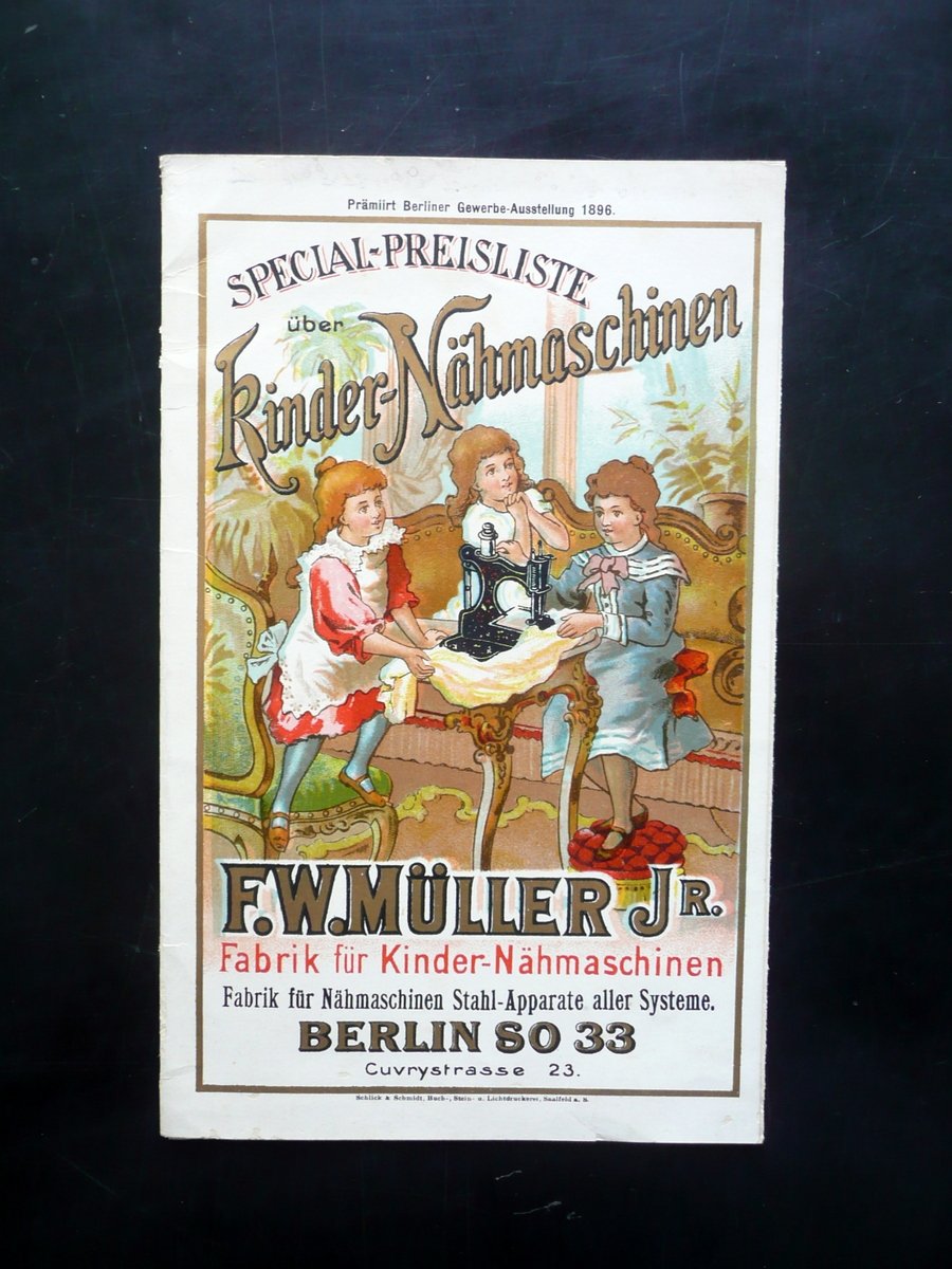Catalogo Pieghevole Muller Jr. Fabrik fur Kinder Nahmaschinen Berlin 1896 …
