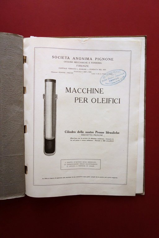 Catalogo Pignone Firenze Macchine per Oleifici Raffinerie Olio 1930 Grafica