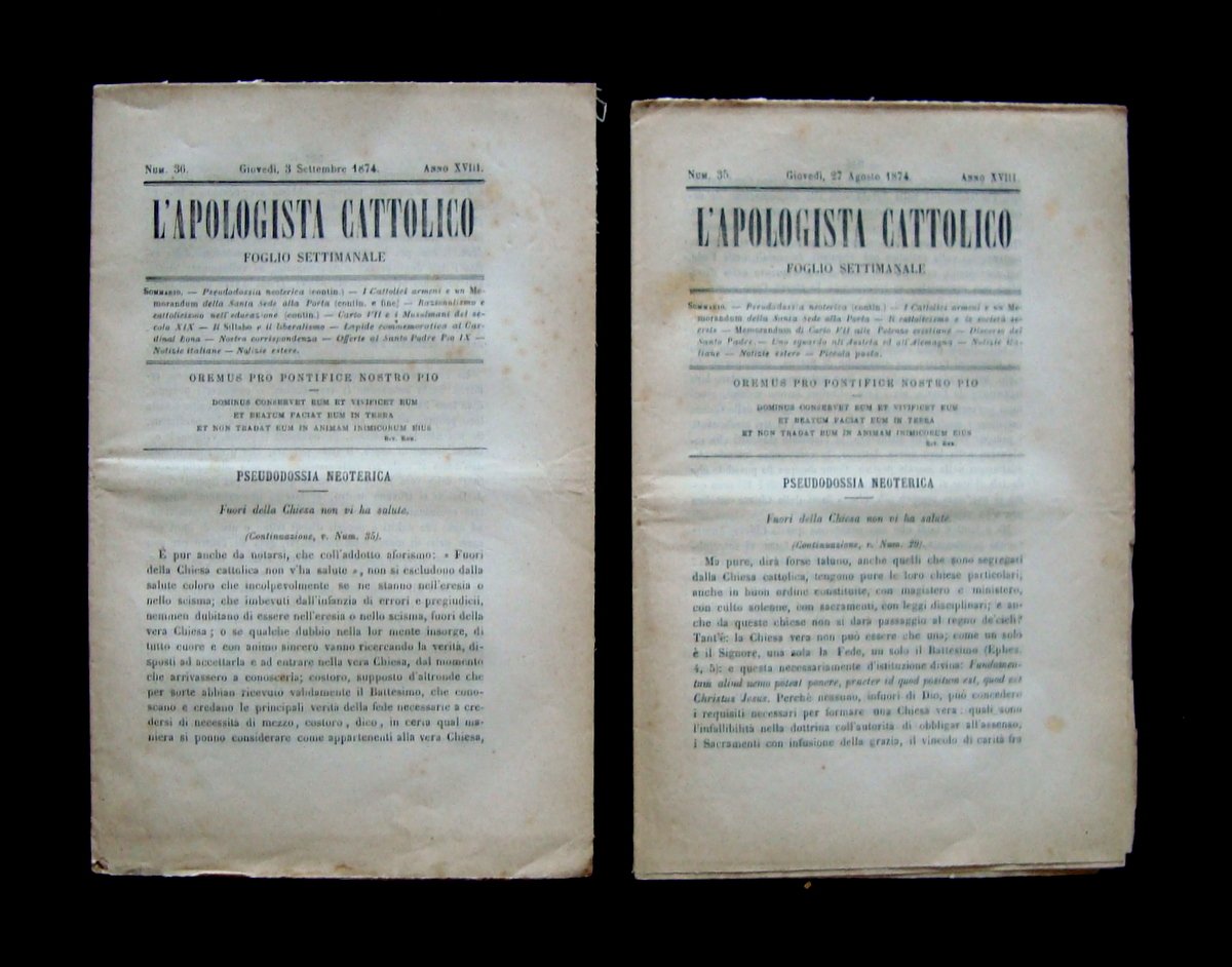 Cattolici Armeni Memorandum Santa Sede 1874 due numeri L'Apologista Cattolico