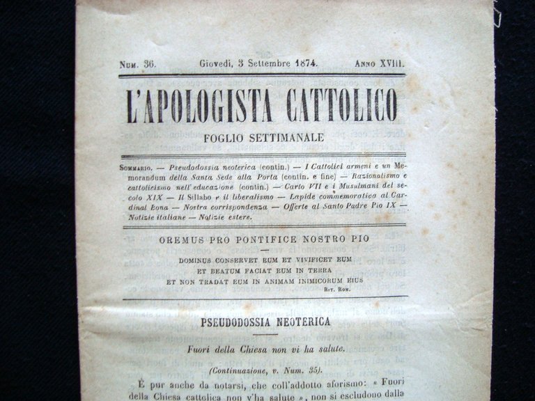 Cattolici Armeni Memorandum Santa Sede 1874 due numeri L'Apologista Cattolico