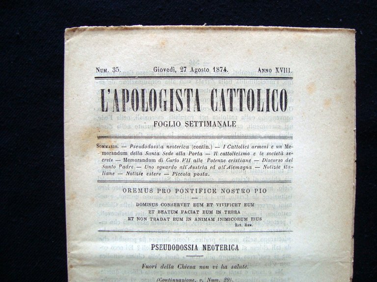 Cattolici Armeni Memorandum Santa Sede 1874 due numeri L'Apologista Cattolico