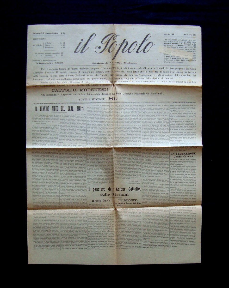 Cattolici Modenesi Gran Consiglio Nazionale Fascismo 23-4-1929 Il Popolo N.12