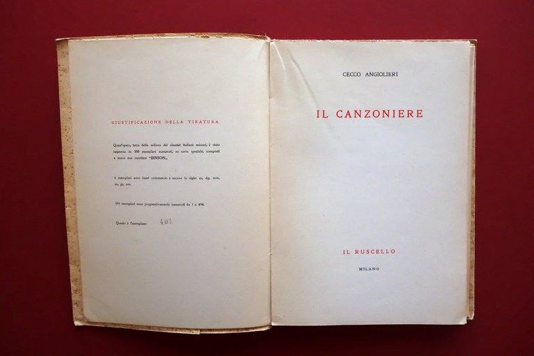 Cecco Angiolieri Il Canzoniere Il Ruscello Milano 1946 Numerato Edizione …