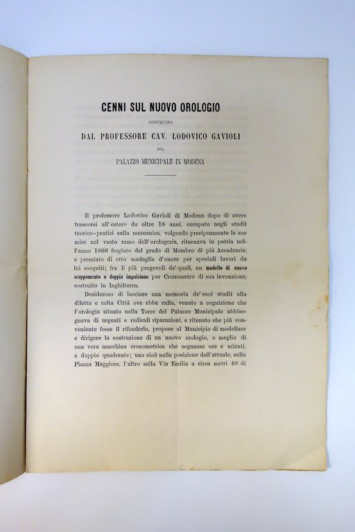 Cenni sul Nuovo Orologio Costruito dal Professore Gavioli Cappelli Modena …