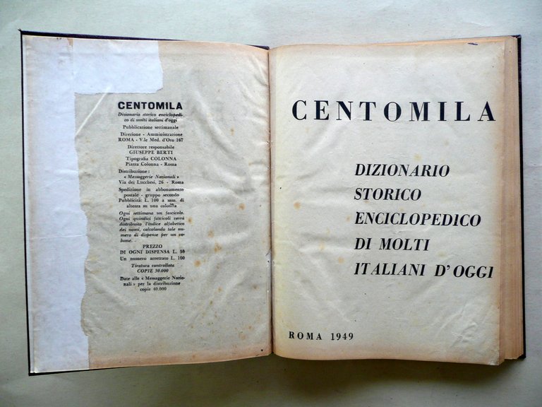 Centomila Dizionario Storico Italiani d'Oggi Anno I 16 Fascicoli 1949 …