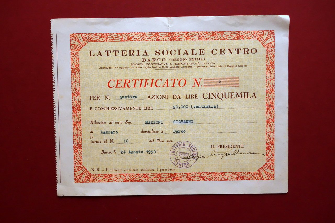 Certificato Azionario Latteria Sociale Barco Reggio Emilia Compilato 1950