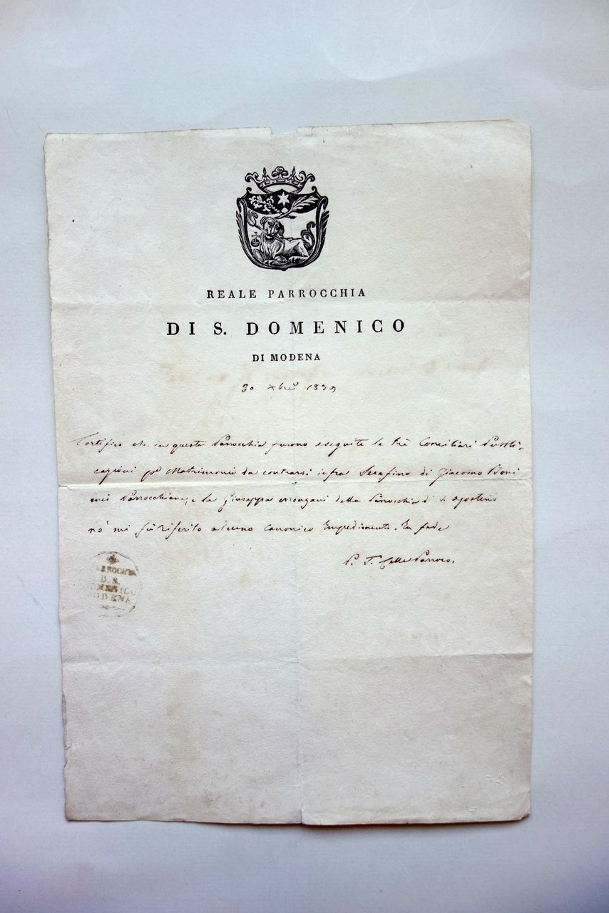 Certificato di Battesimo Citt‡ Diocesi di Modena 1770 Stemma Vescovile