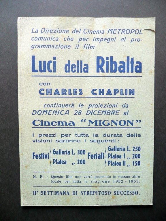 Charlie Chaplin Luci della Ribalta Cinema Metropol Modena Locandina 1952-53