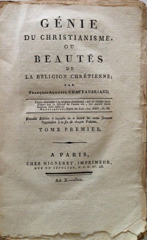 CHATEAUBRIAND LE GENIE DU CHRISTIANISME BEAUTES DE LA RELIGIONE CHRETIENNE …