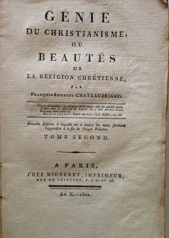 CHATEAUBRIAND LE GENIE DU CHRISTIANISME BEAUTES DE LA RELIGIONE CHRETIENNE …