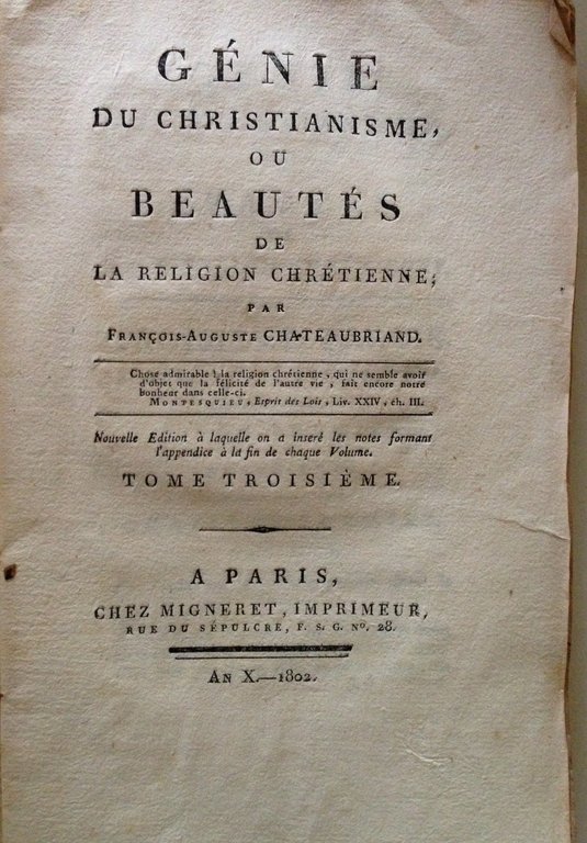 CHATEAUBRIAND LE GENIE DU CHRISTIANISME BEAUTES DE LA RELIGIONE CHRETIENNE …