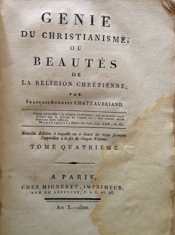 CHATEAUBRIAND LE GENIE DU CHRISTIANISME BEAUTES DE LA RELIGIONE CHRETIENNE …