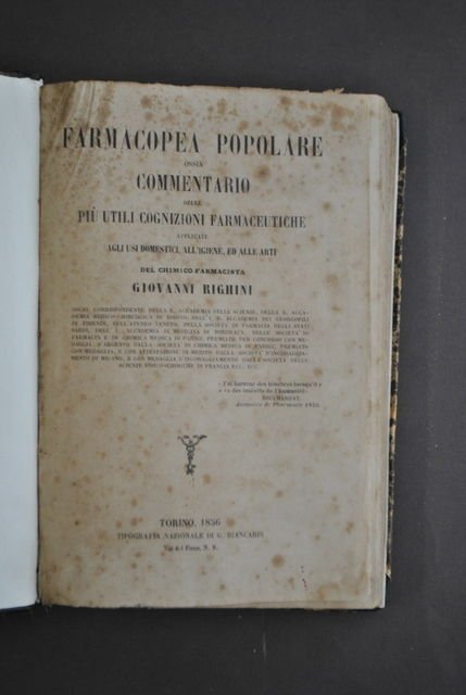 Chimica Farmacia Rimedi Righini Farmacopea Popolare Igiene Ricette Torino 1856