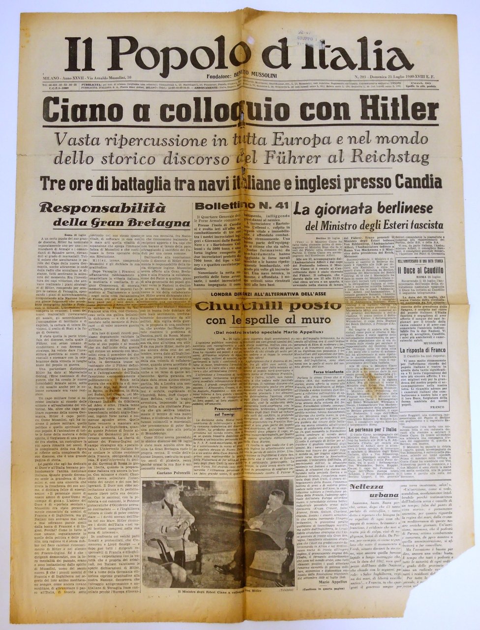 CIANO A COLLOQUIO CON HITLER IL POPOLO D'ITALIA 21/7/1940 N …