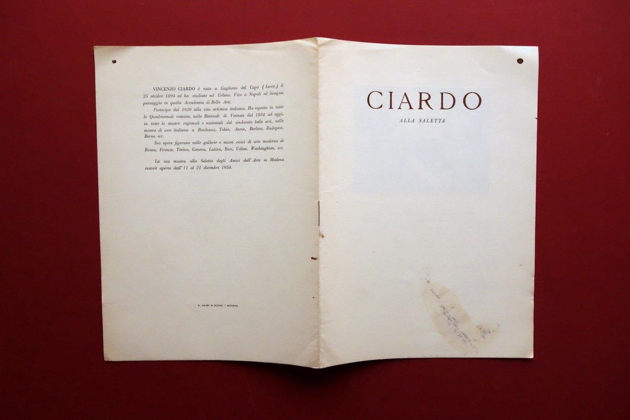 Ciardo Vincenzo Catalogo Mostra Saletta Amici Arte Modena 1954 Anceschi